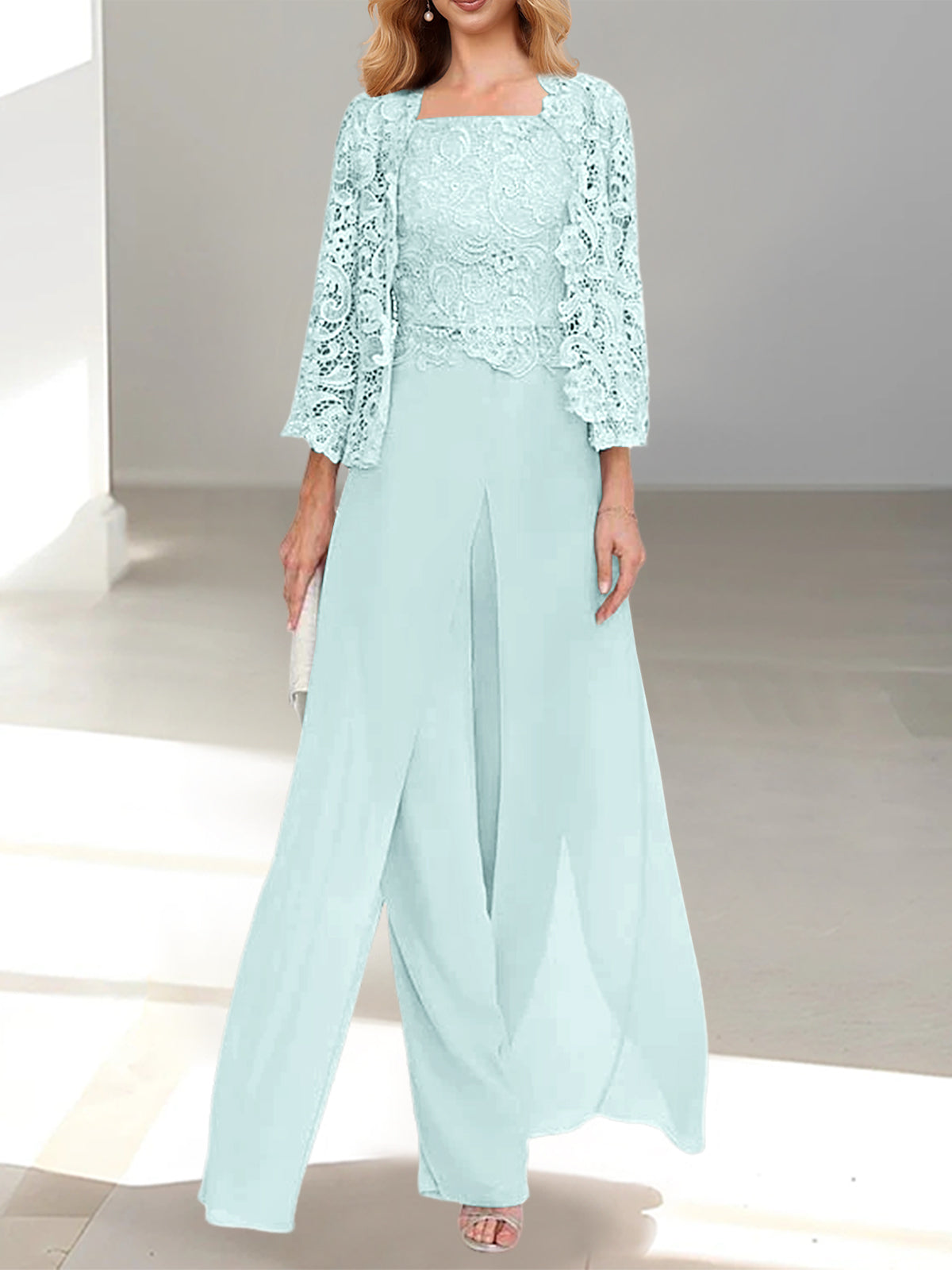 Long Square Neck Chiffon Mother of the Bride Pantsuit with Jacket & Side Split