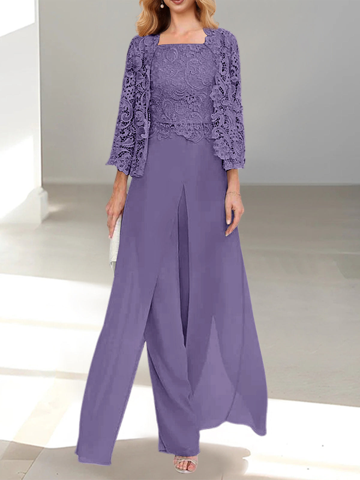 Long Square Neck Chiffon Mother of the Bride Pantsuit with Jacket & Side Split