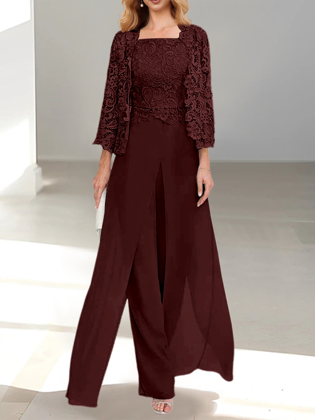 Long Square Neck Chiffon Mother of the Bride Pantsuit with Jacket & Side Split