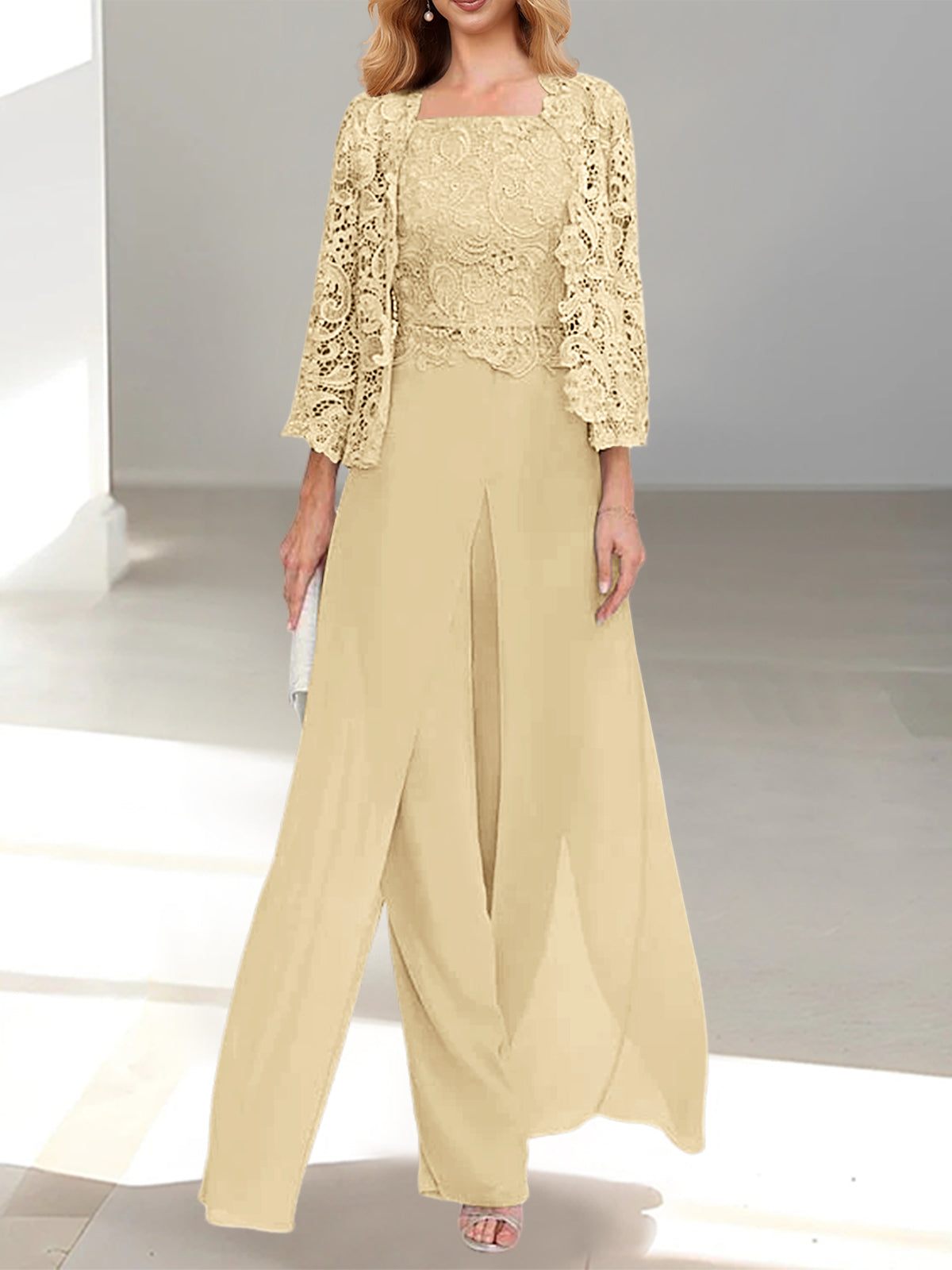 Long Square Neck Chiffon Mother of the Bride Pantsuit with Jacket & Side Split