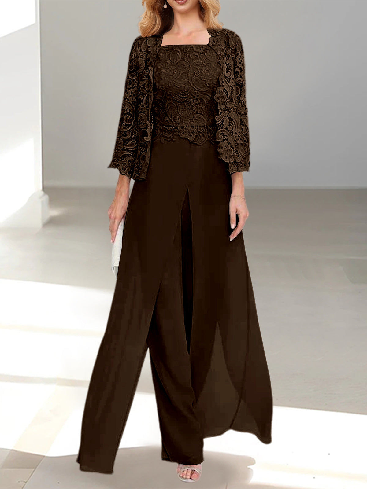 Long Square Neck Chiffon Mother of the Bride Pantsuit with Jacket & Side Split