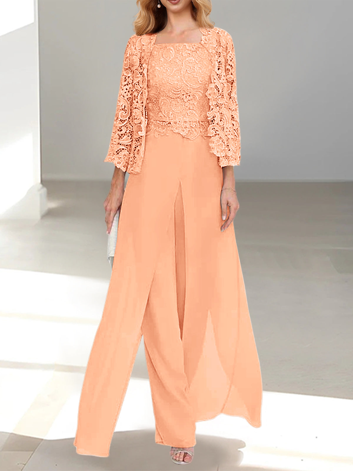 Long Square Neck Chiffon Mother of the Bride Pantsuit with Jacket & Side Split