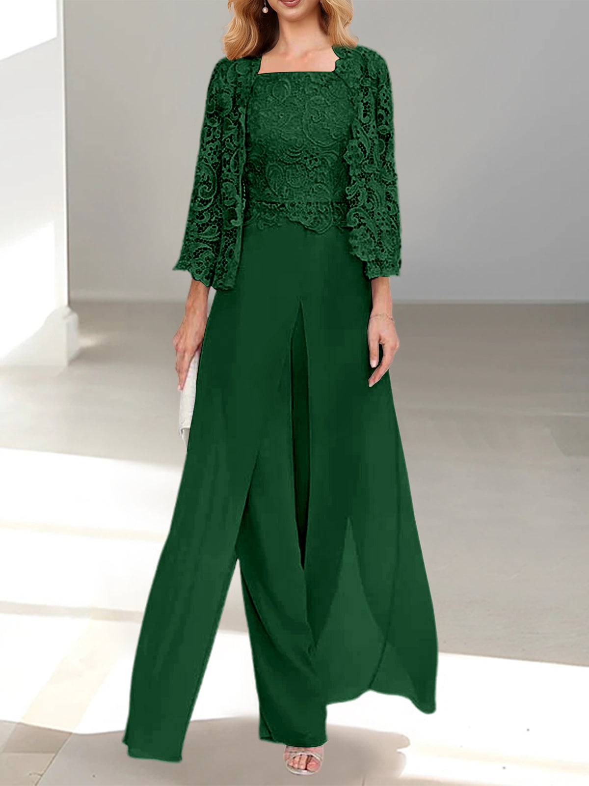 Long Square Neck Chiffon Mother of the Bride Pantsuit with Jacket & Side Split