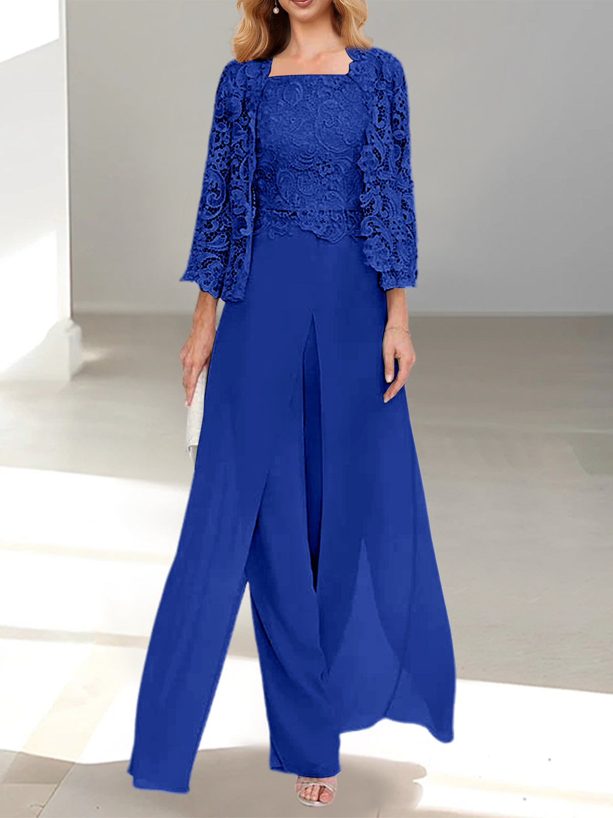 Long Square Neck Chiffon Mother of the Bride Pantsuit with Jacket & Side Split