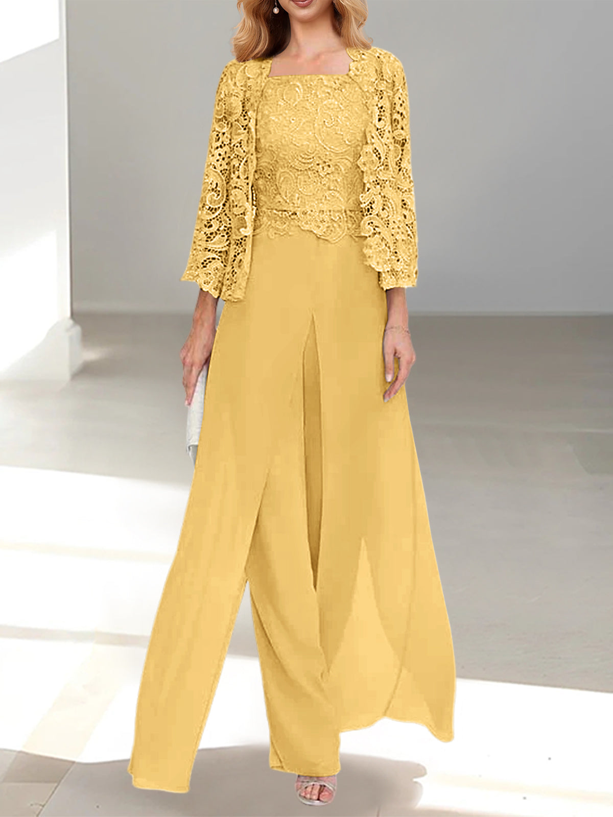 Long Square Neck Chiffon Mother of the Bride Pantsuit with Jacket & Side Split