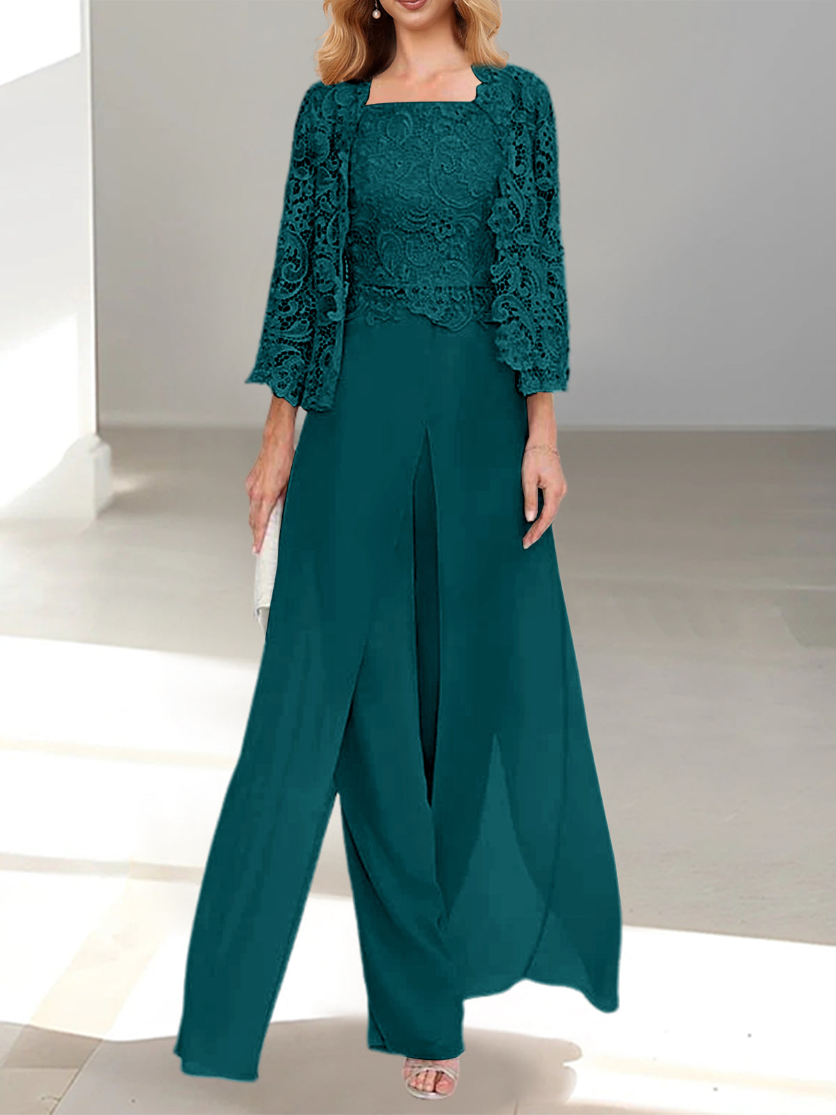 Long Square Neck Chiffon Mother of the Bride Pantsuit with Jacket & Side Split