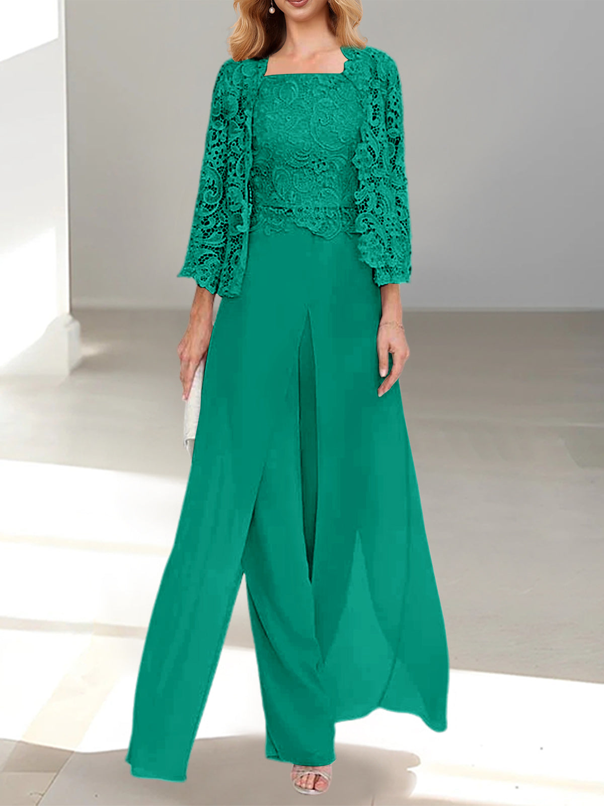 Long Square Neck Chiffon Mother of the Bride Pantsuit with Jacket & Side Split