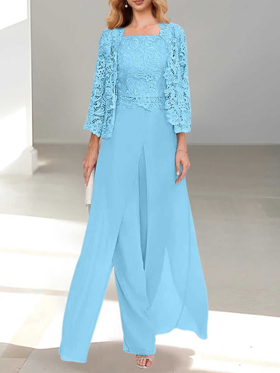 Long Square Neck Chiffon Mother of the Bride Pantsuit with Jacket & Side Split