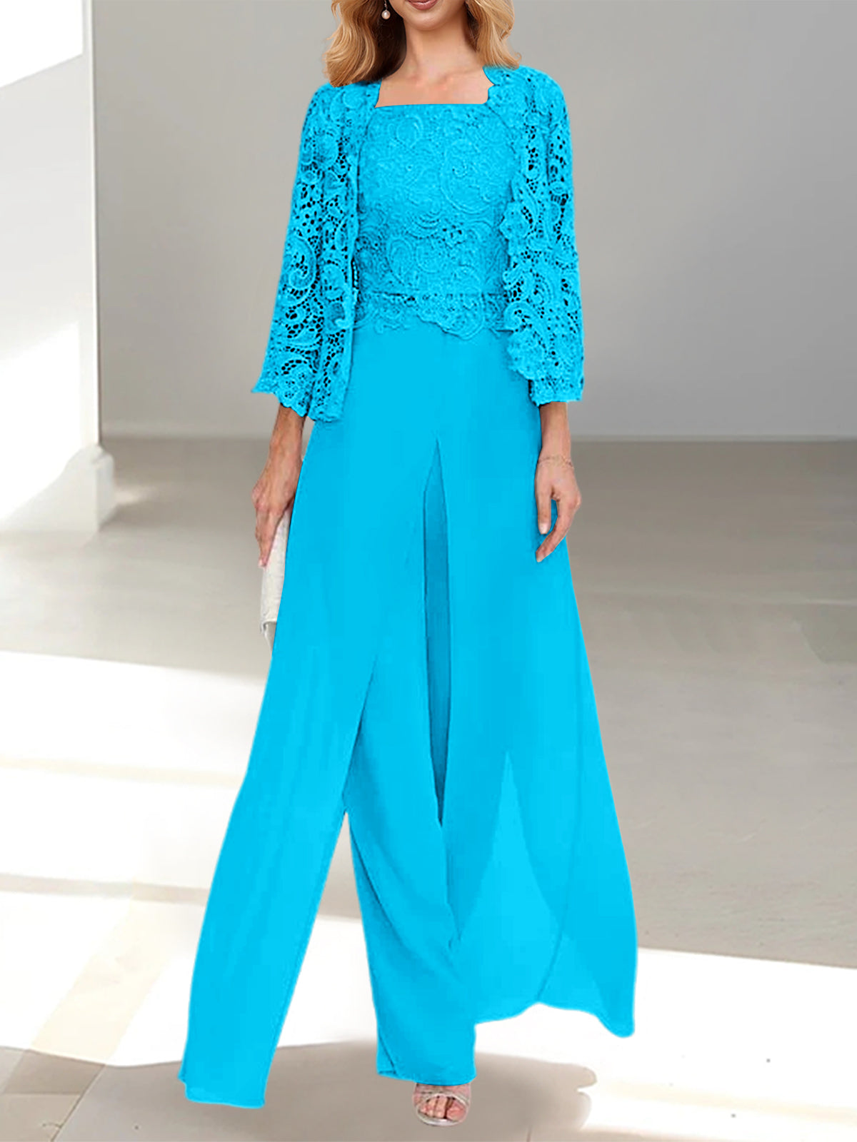 Long Square Neck Chiffon Mother of the Bride Pantsuit with Jacket & Side Split