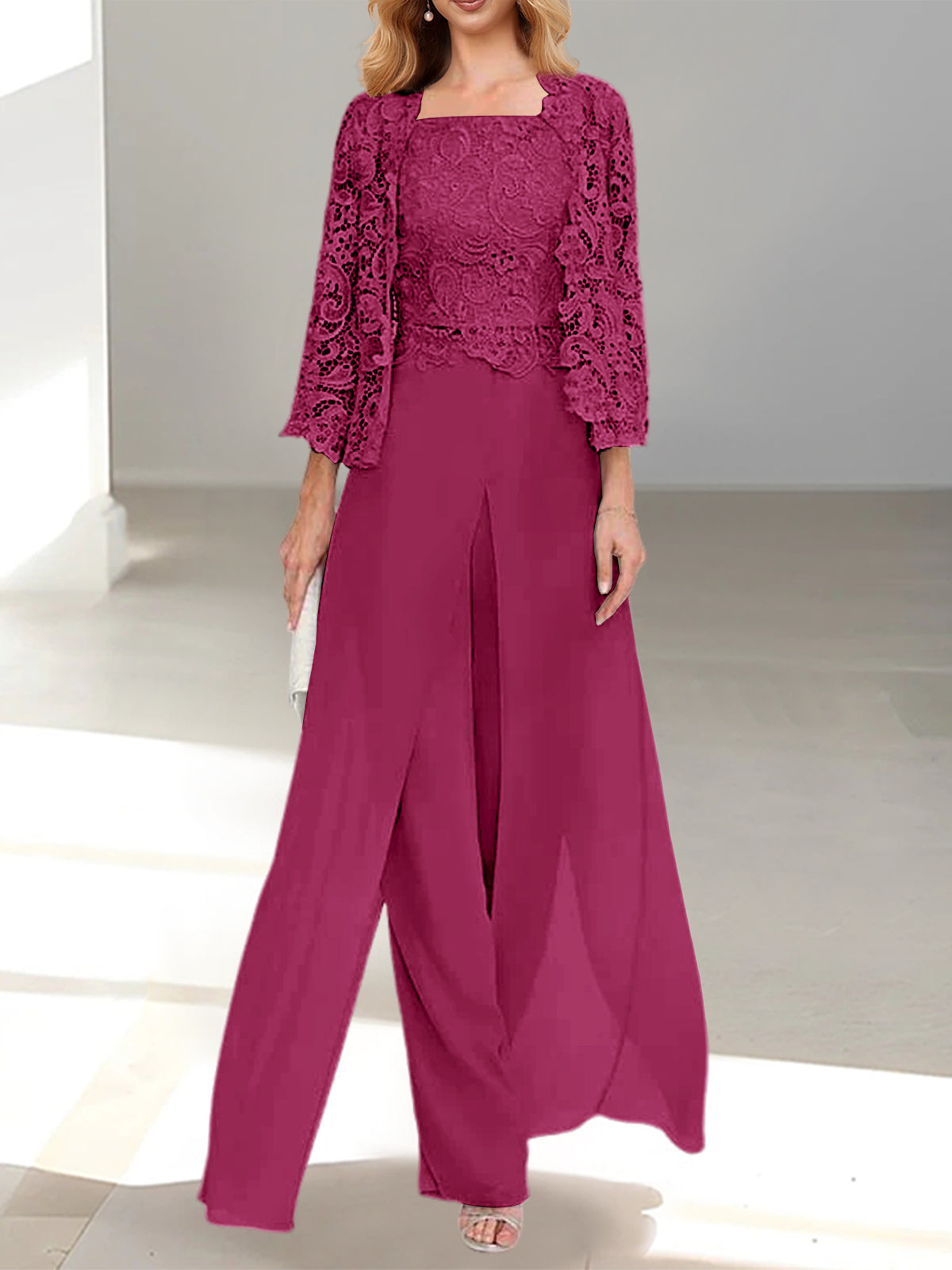 Long Square Neck Chiffon Mother of the Bride Pantsuit with Jacket & Side Split