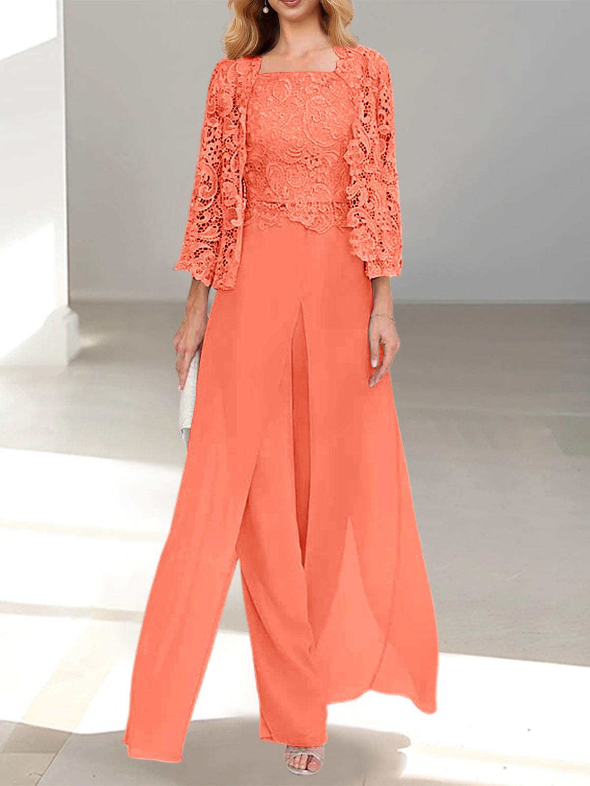Long Square Neck Chiffon Mother of the Bride Pantsuit with Jacket & Side Split