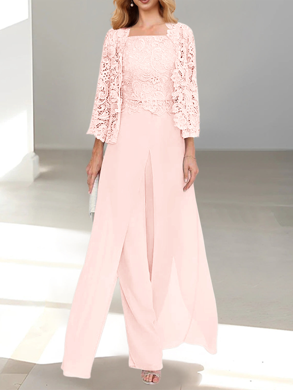Long Square Neck Chiffon Mother of the Bride Pantsuit with Jacket & Side Split