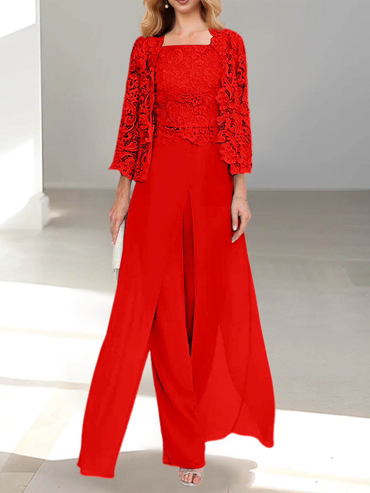 Long Square Neck Chiffon Mother of the Bride Pantsuit with Jacket & Side Split