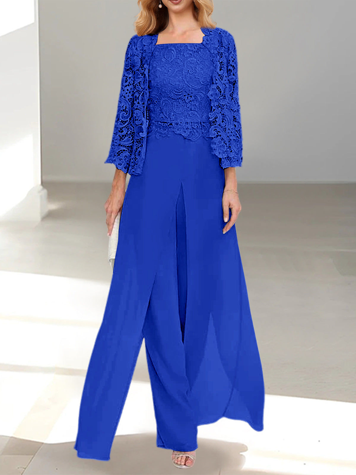 Long Square Neck Chiffon Mother of the Bride Pantsuit with Jacket & Side Split