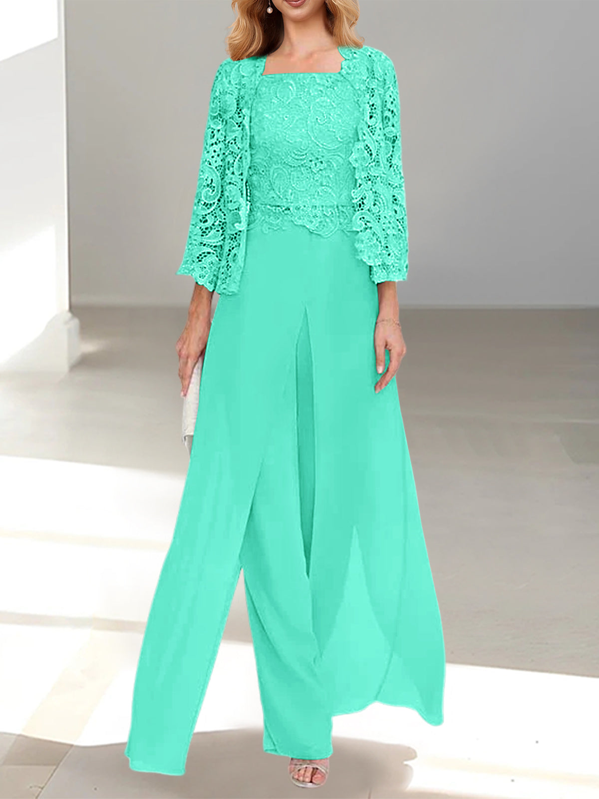 Long Square Neck Chiffon Mother of the Bride Pantsuit with Jacket & Side Split