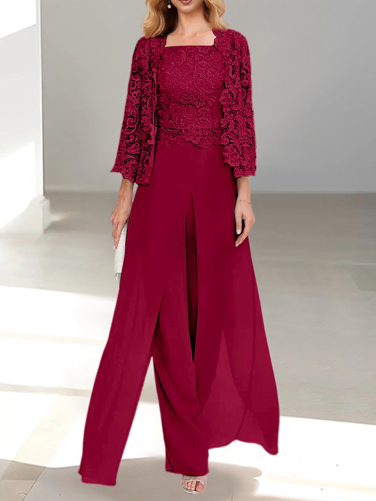 Long Square Neck Chiffon Mother of the Bride Pantsuit with Jacket & Side Split