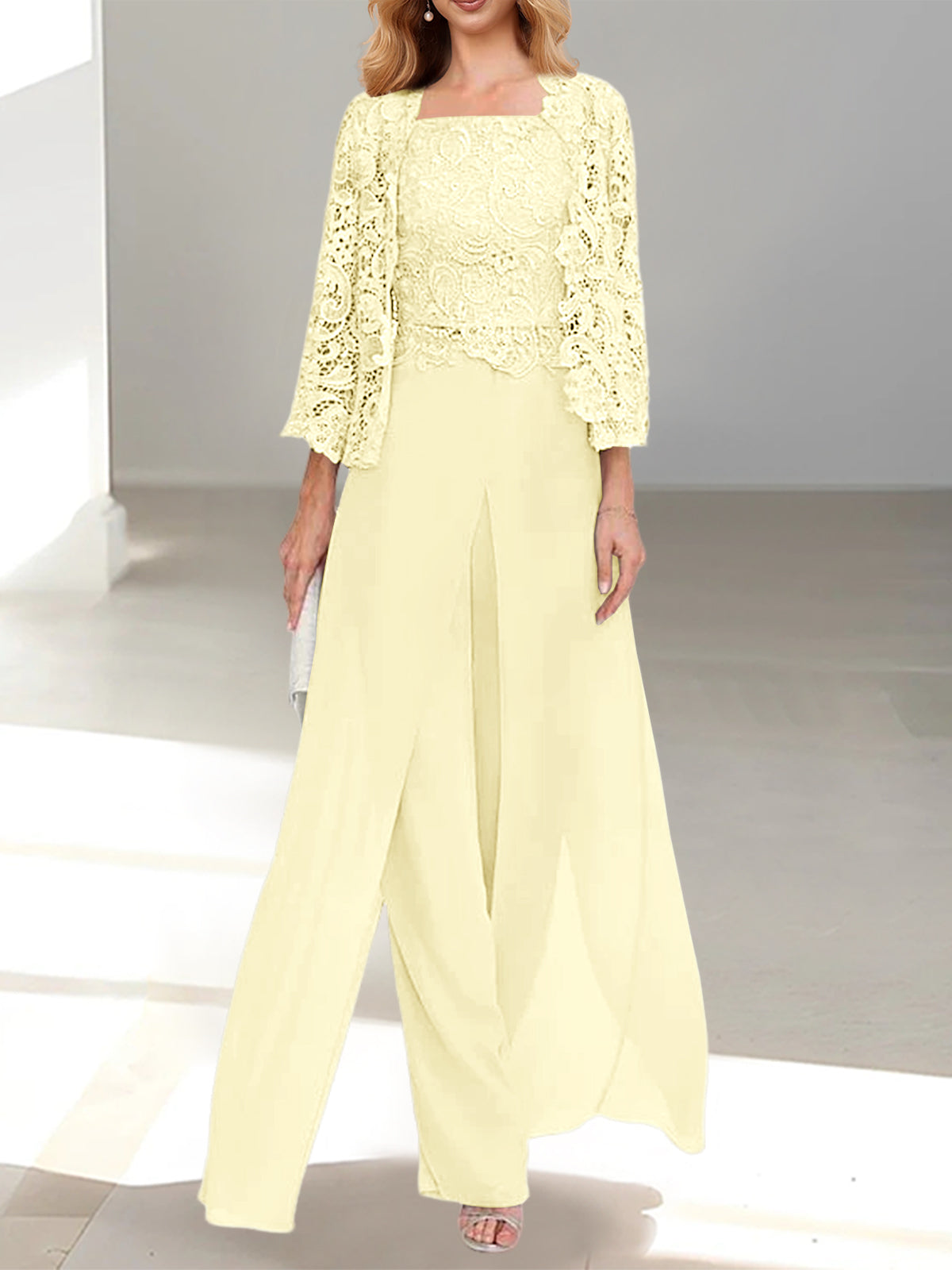 Long Square Neck Chiffon Mother of the Bride Pantsuit with Jacket & Side Split
