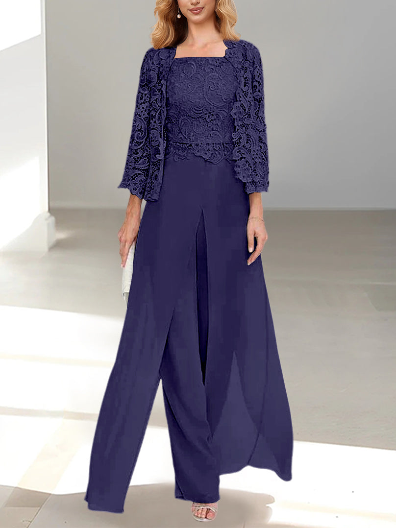 Long Square Neck Chiffon Mother of the Bride Pantsuit with Jacket & Side Split