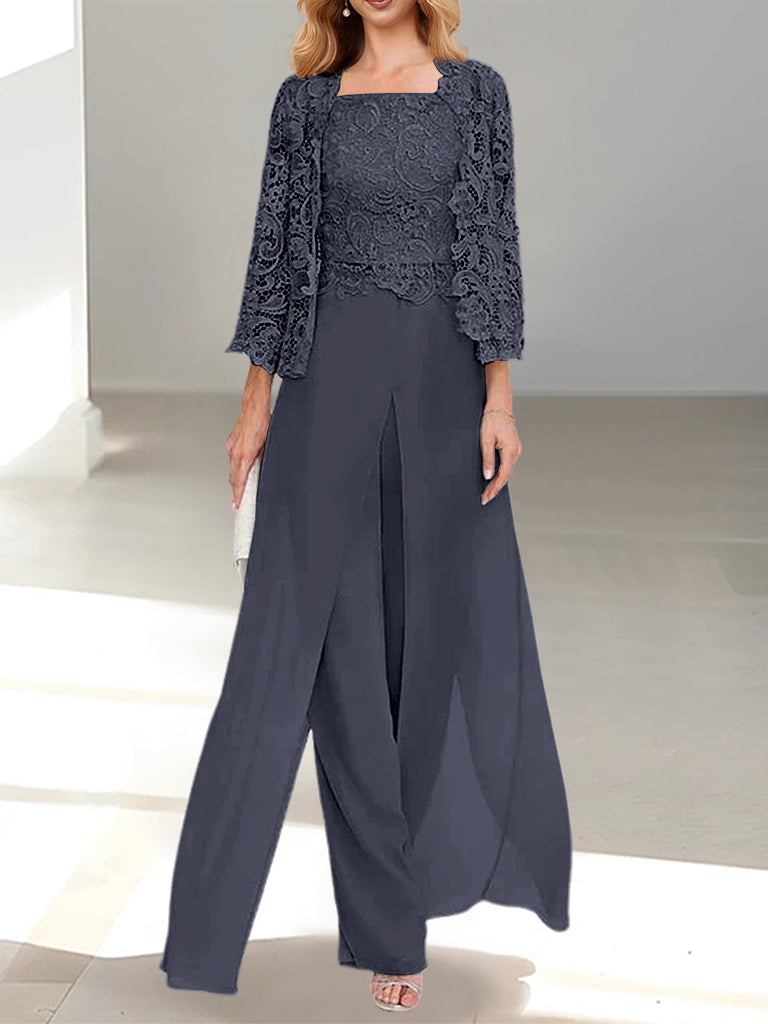 Long Square Neck Chiffon Mother of the Bride Pantsuit with Jacket & Side Split