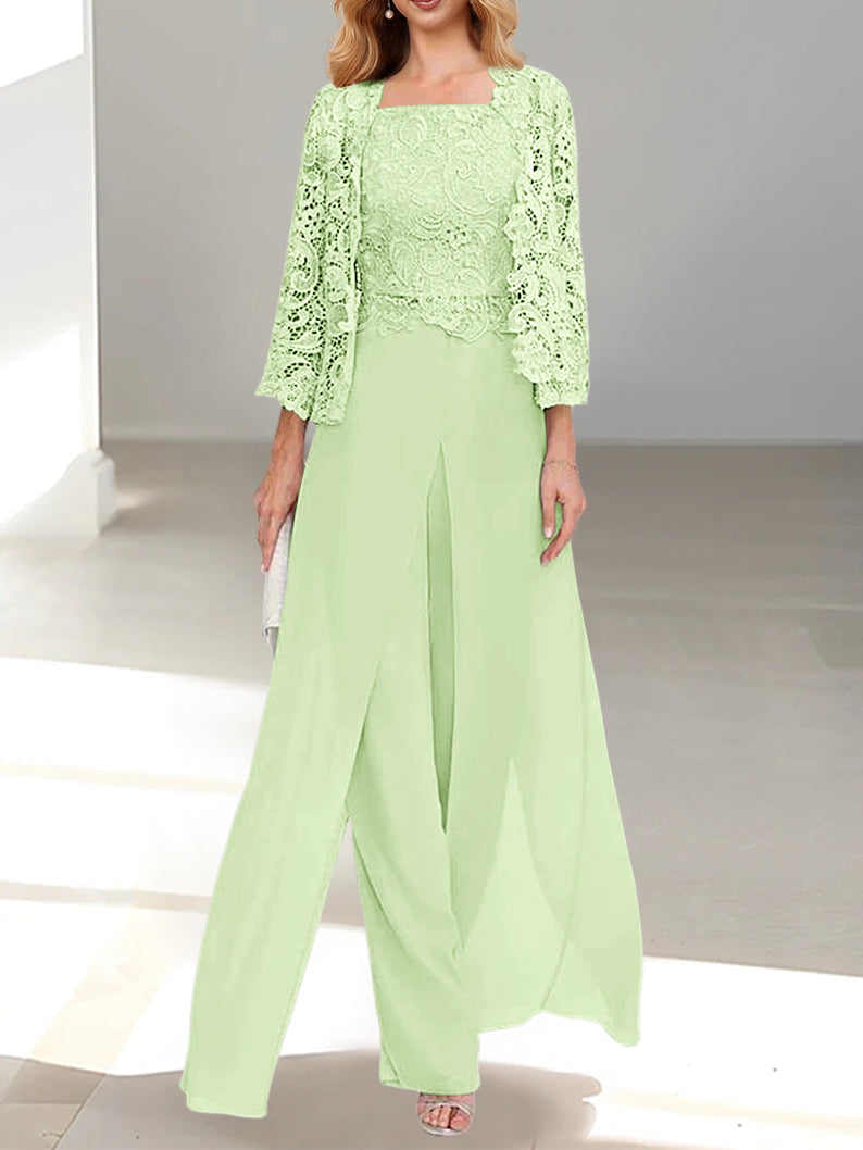Long Square Neck Chiffon Mother of the Bride Pantsuit with Jacket & Side Split