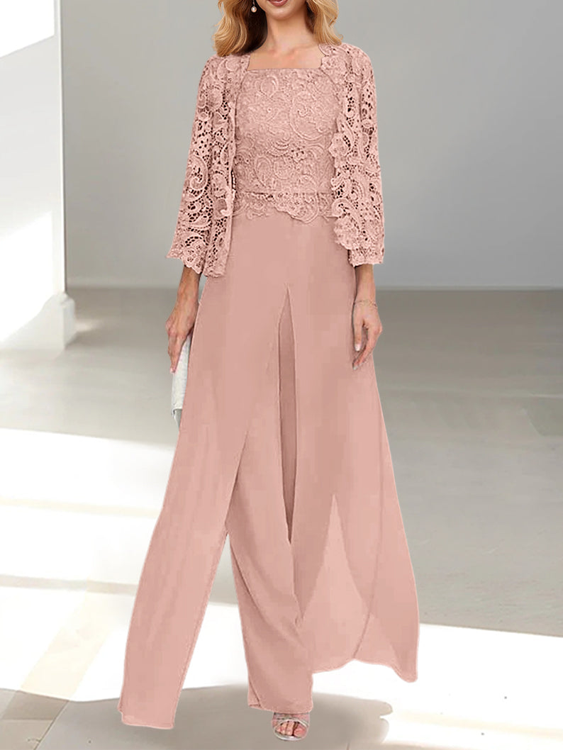 Long Square Neck Chiffon Mother of the Bride Pantsuit with Jacket & Side Split