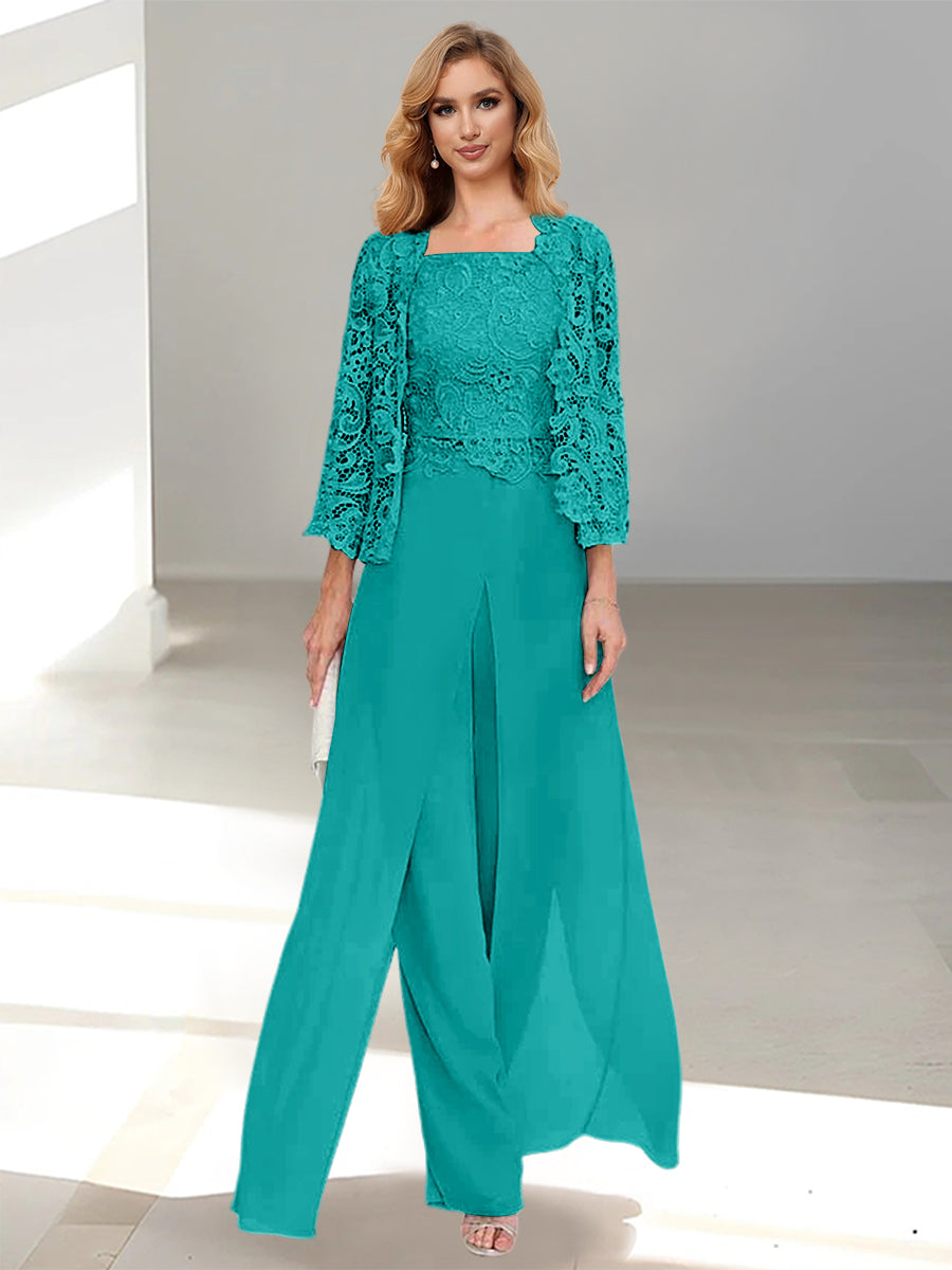 Long Square Neck Chiffon Mother of the Bride Pantsuit with Jacket & Side Split