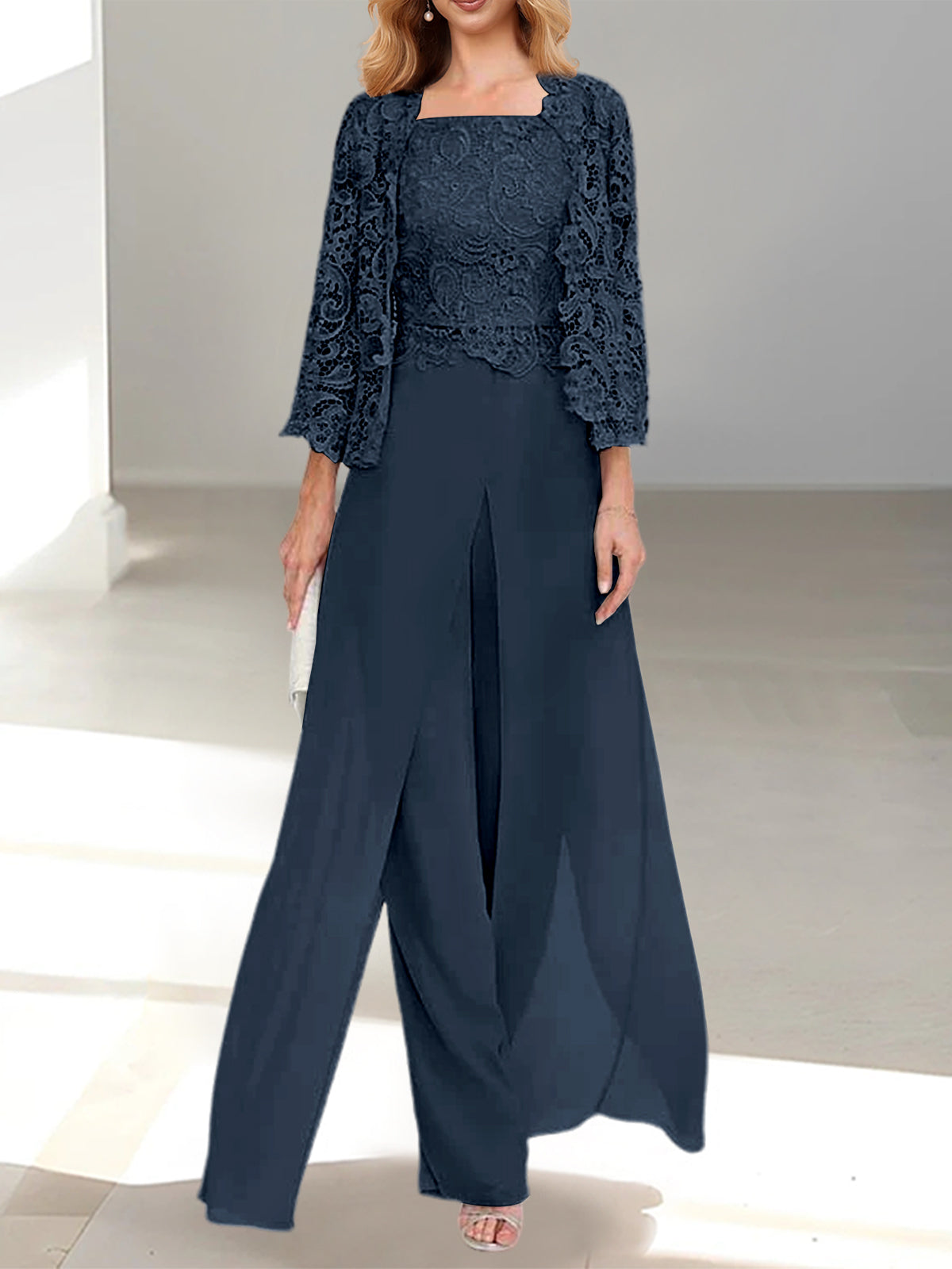 Long Square Neck Chiffon Mother of the Bride Pantsuit with Jacket & Side Split