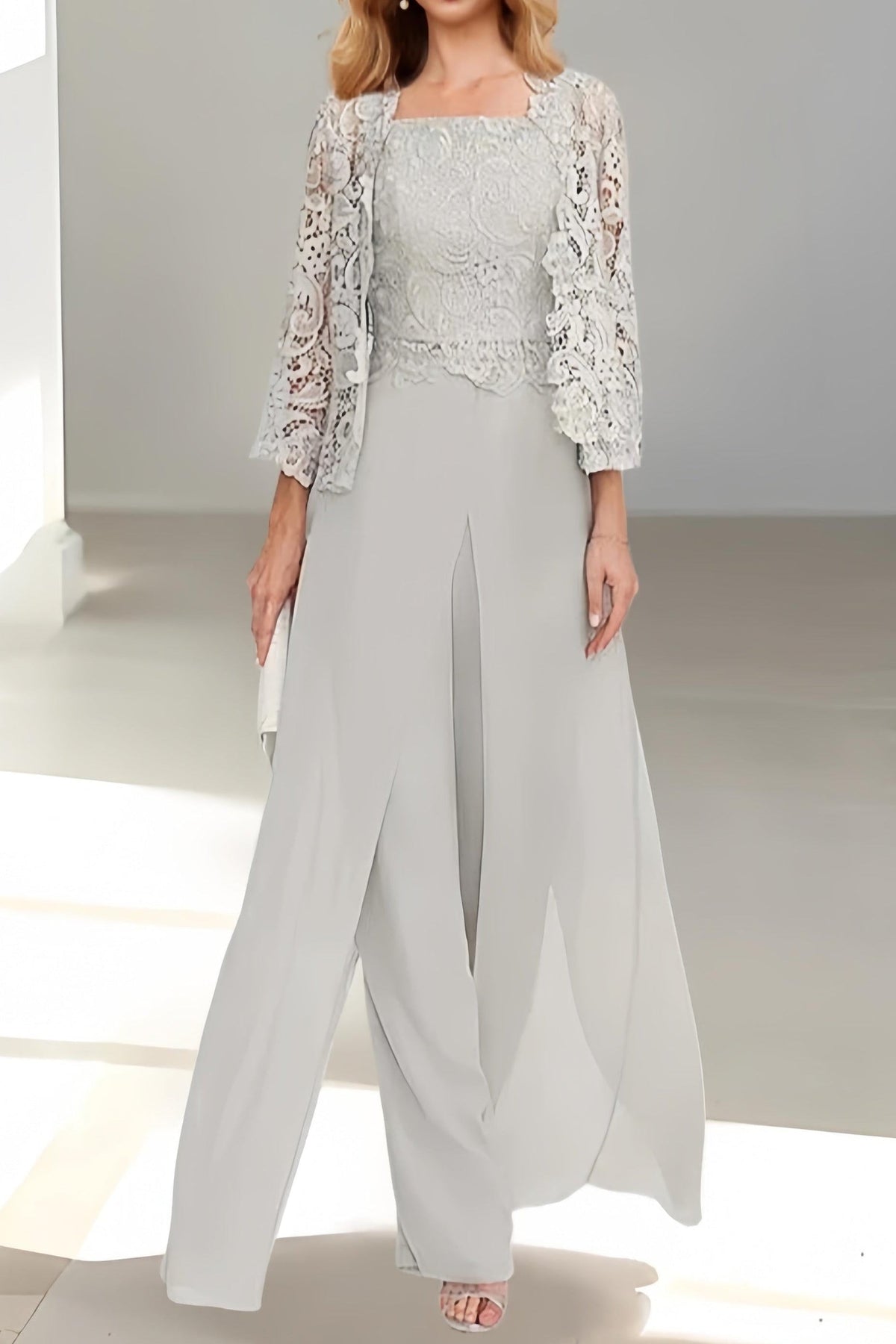 Long Square Neck Chiffon Mother of the Bride Pantsuit with Jacket & Side Split