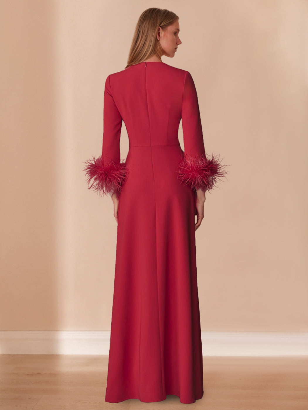 Long V Neck A Line Mother of the Bride Dress with Long Sleeves and Feathers