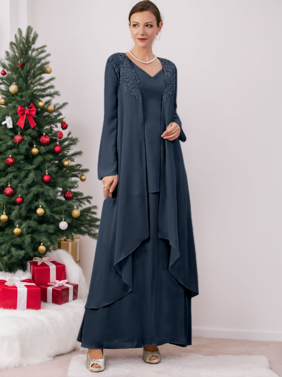 Long V Neck A Line Gown for the Mother of the Bride
