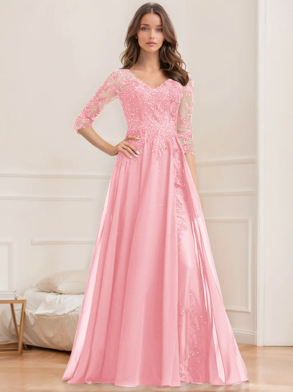 Long V Neck A Line Mother of the Bride Dress with Half Sleeves and Sequins