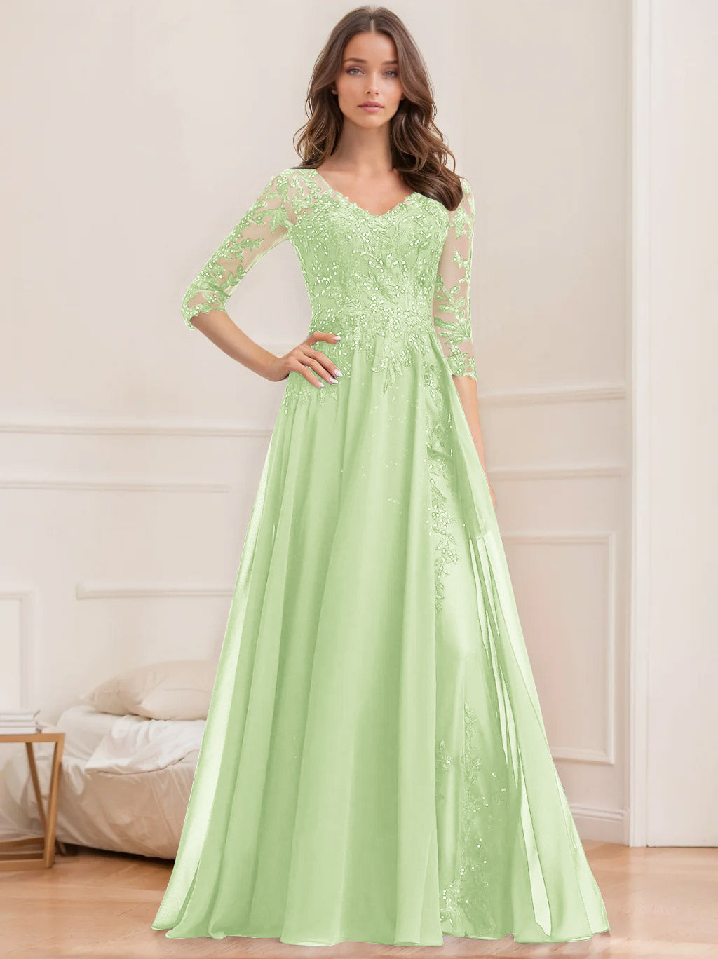 Long V Neck A Line Mother of the Bride Dress with Half Sleeves and Sequins