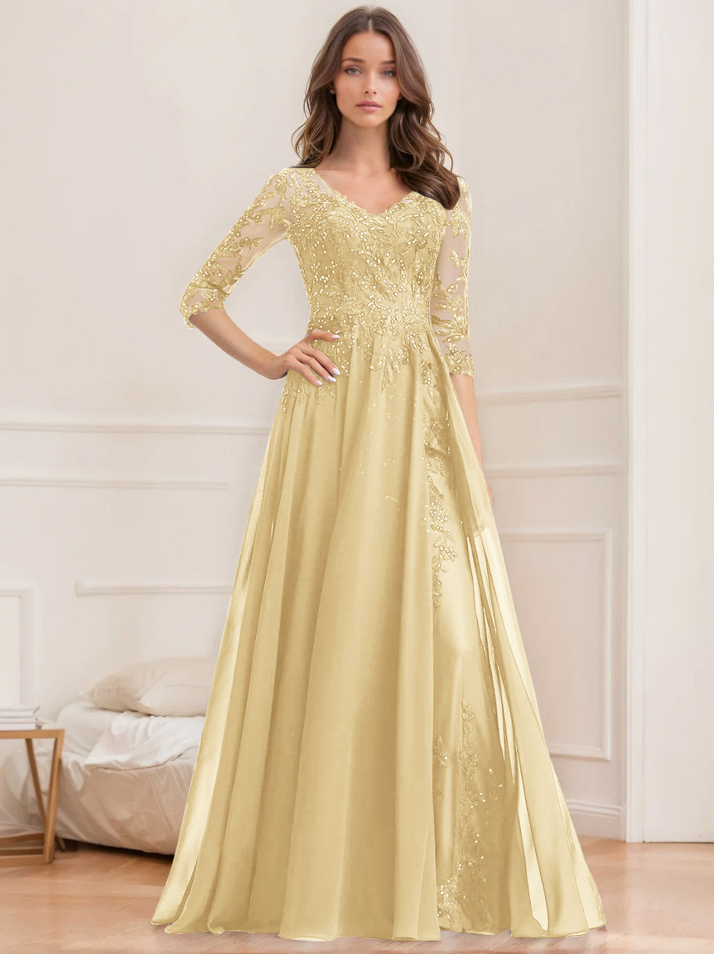 Long V Neck A Line Mother of the Bride Dress with Half Sleeves and Sequins