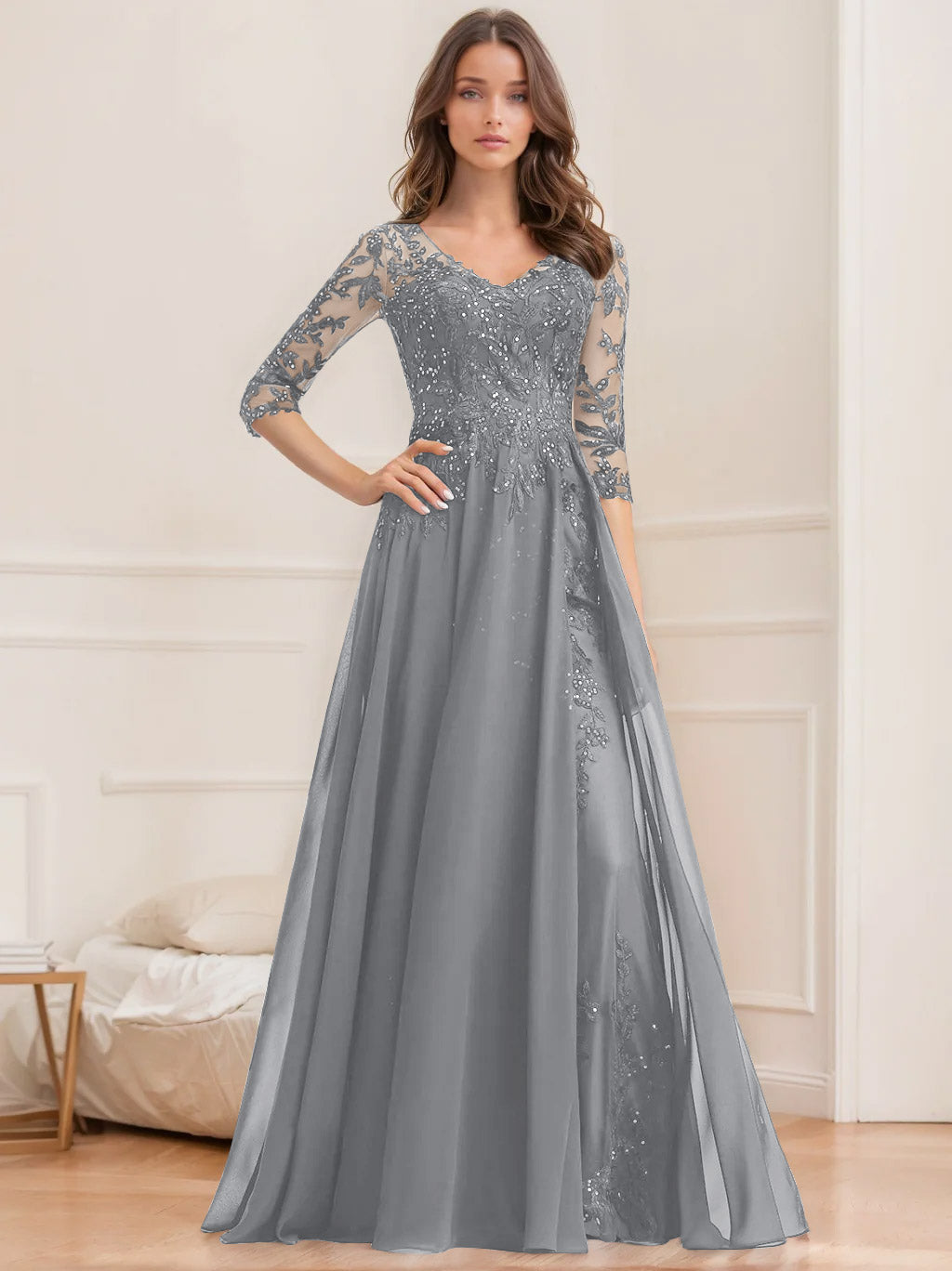 Long V Neck A Line Mother of the Bride Dress with Half Sleeves and Sequins