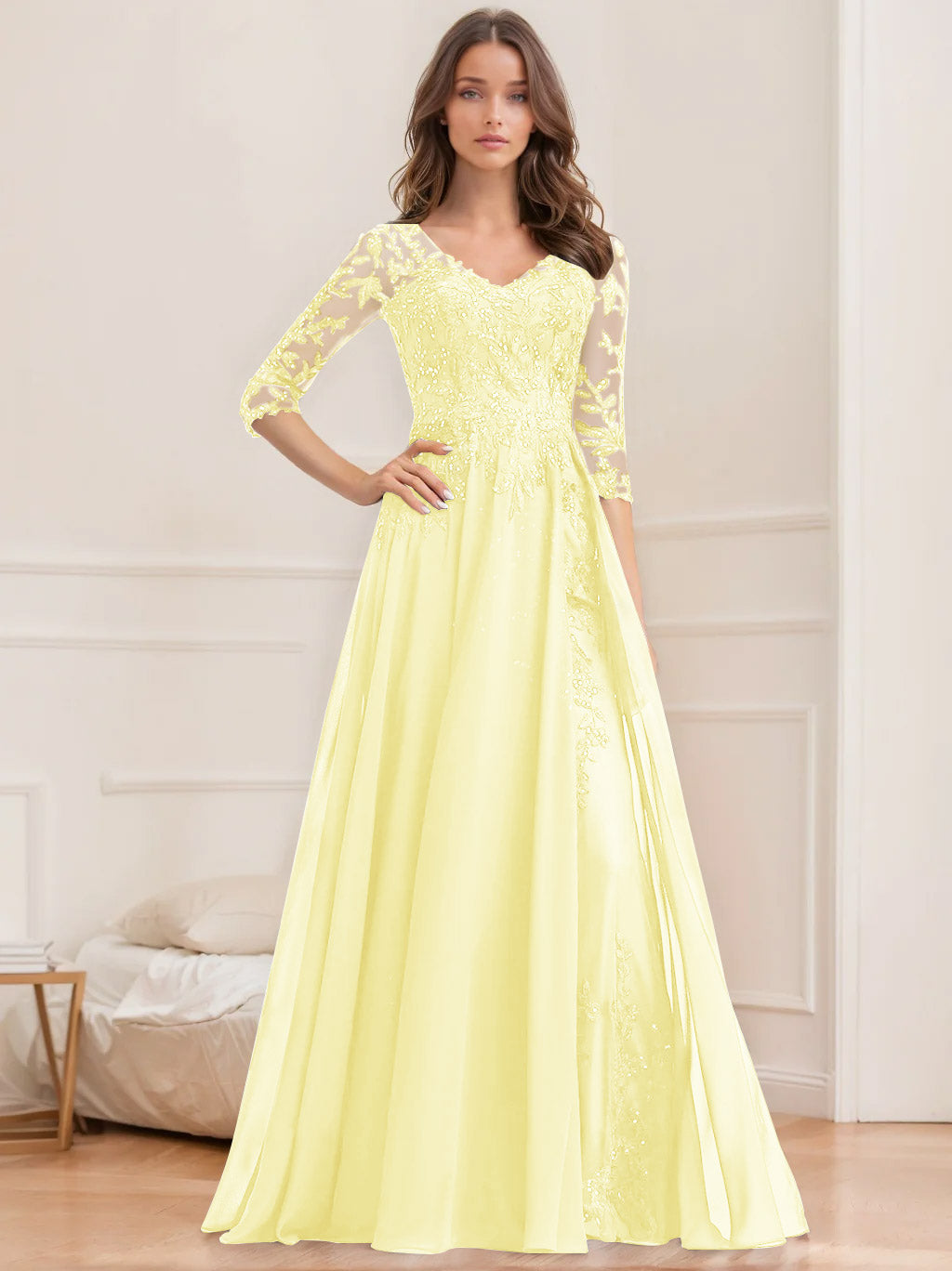 Long V Neck A Line Mother of the Bride Dress with Half Sleeves and Sequins