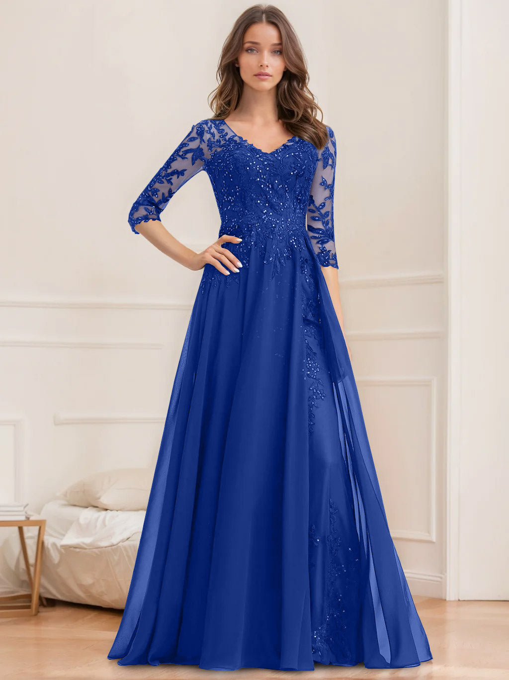 Long V Neck A Line Mother of the Bride Dress with Half Sleeves and Sequins