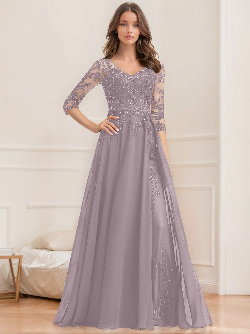 Long V Neck A Line Mother of the Bride Dress with Half Sleeves and Sequins