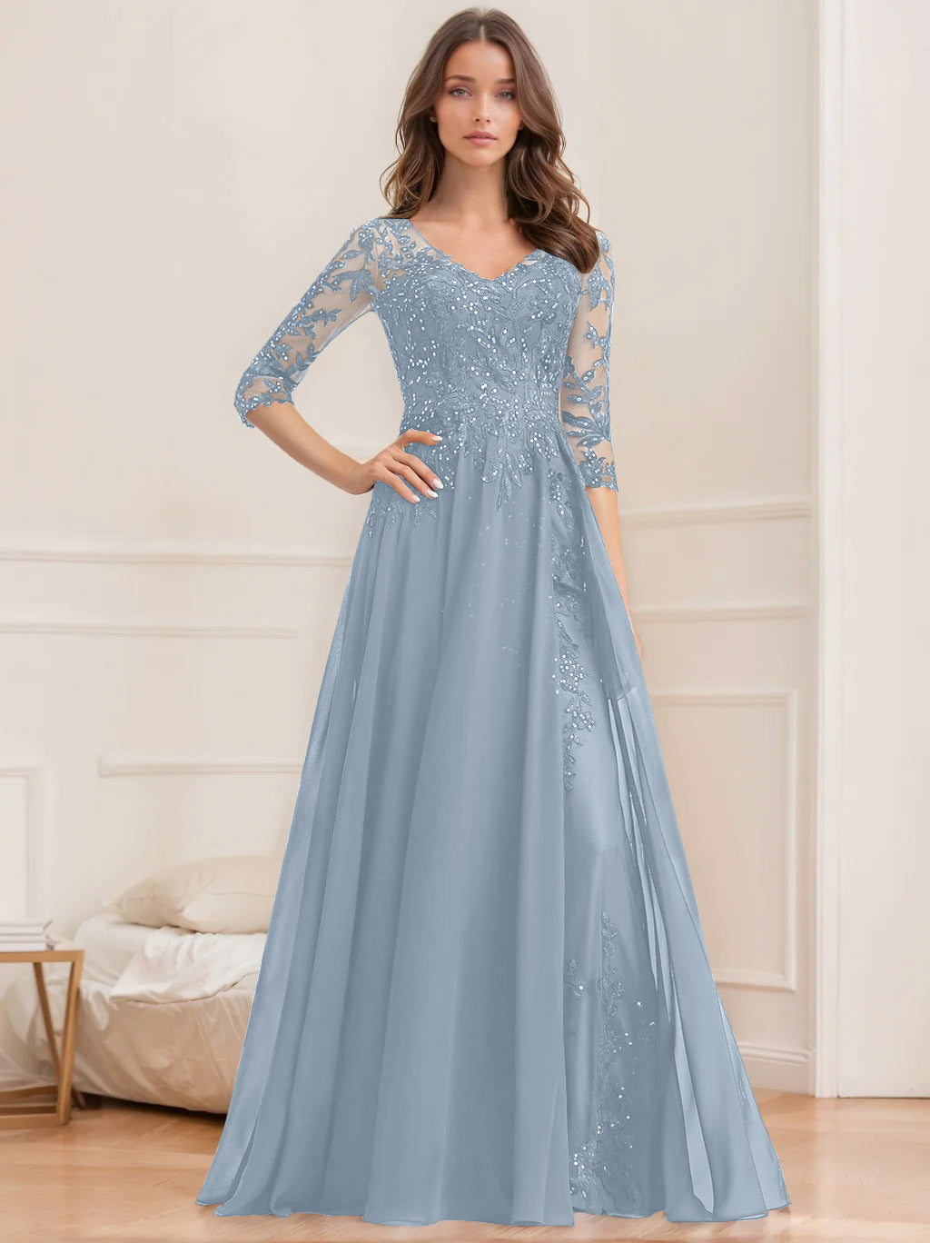 Long V Neck A Line Mother of the Bride Dress with Half Sleeves and Sequins