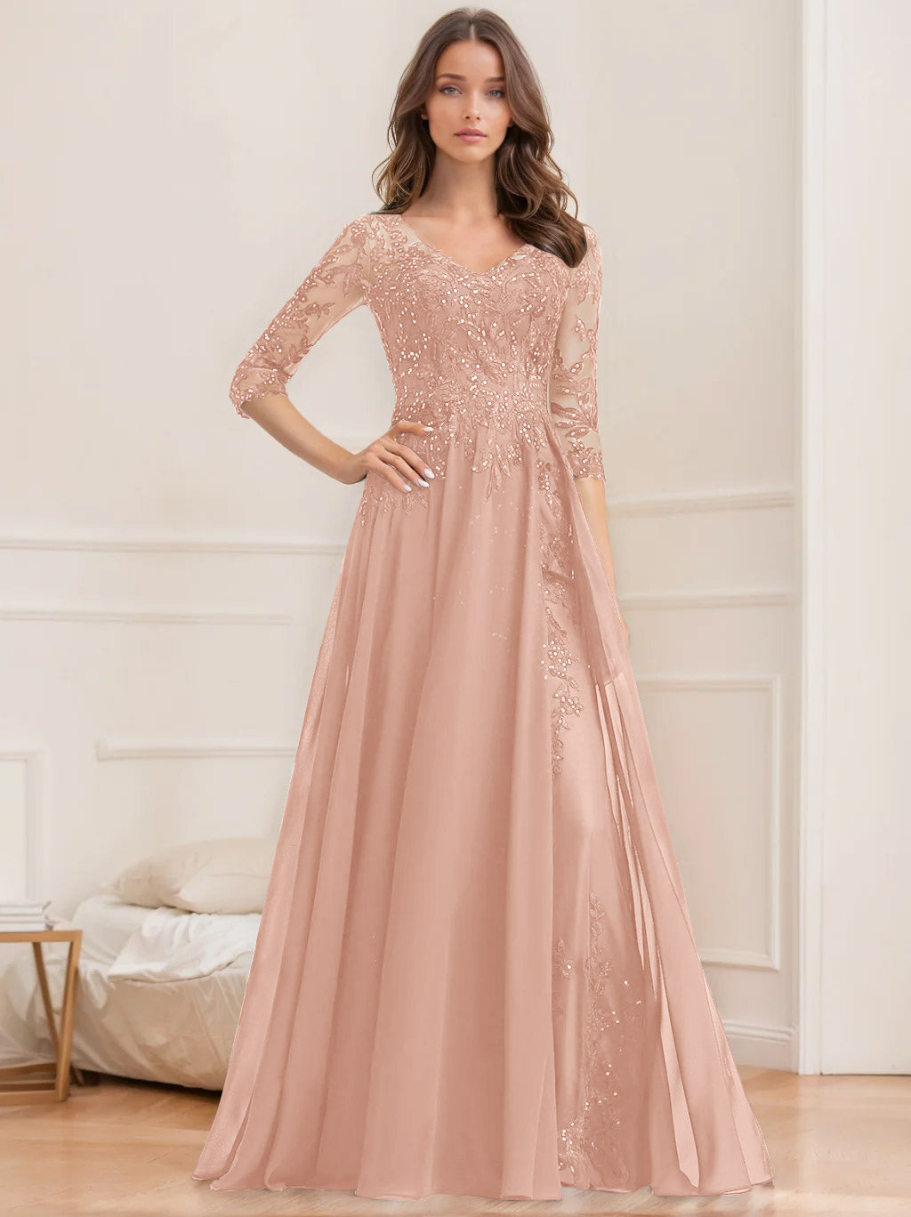 Long V Neck A Line Mother of the Bride Dress with Half Sleeves and Sequins