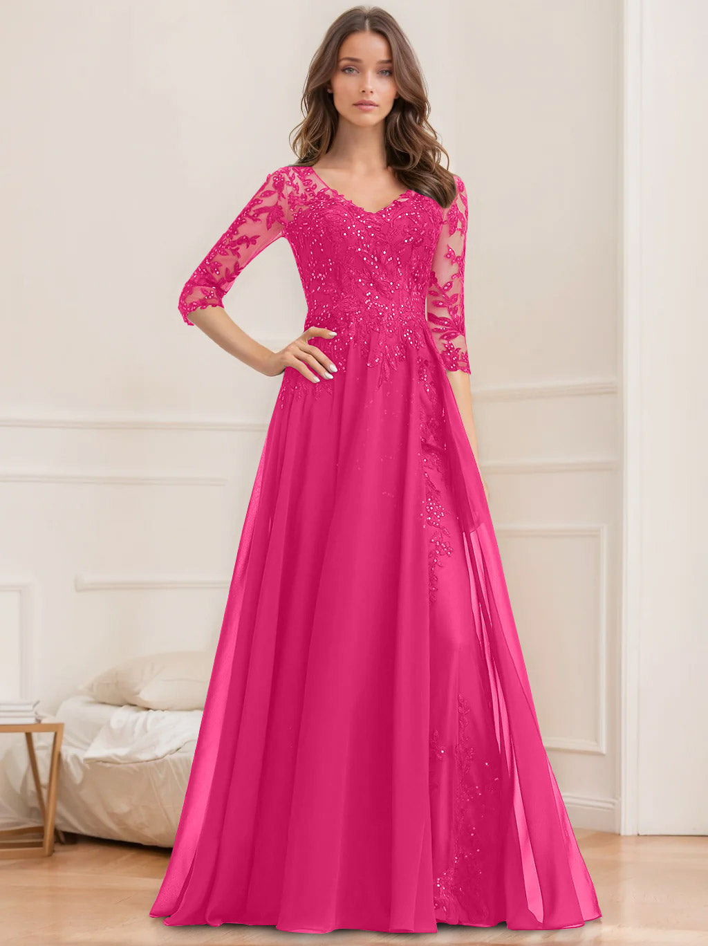 Long V Neck A Line Mother of the Bride Dress with Half Sleeves and Sequins