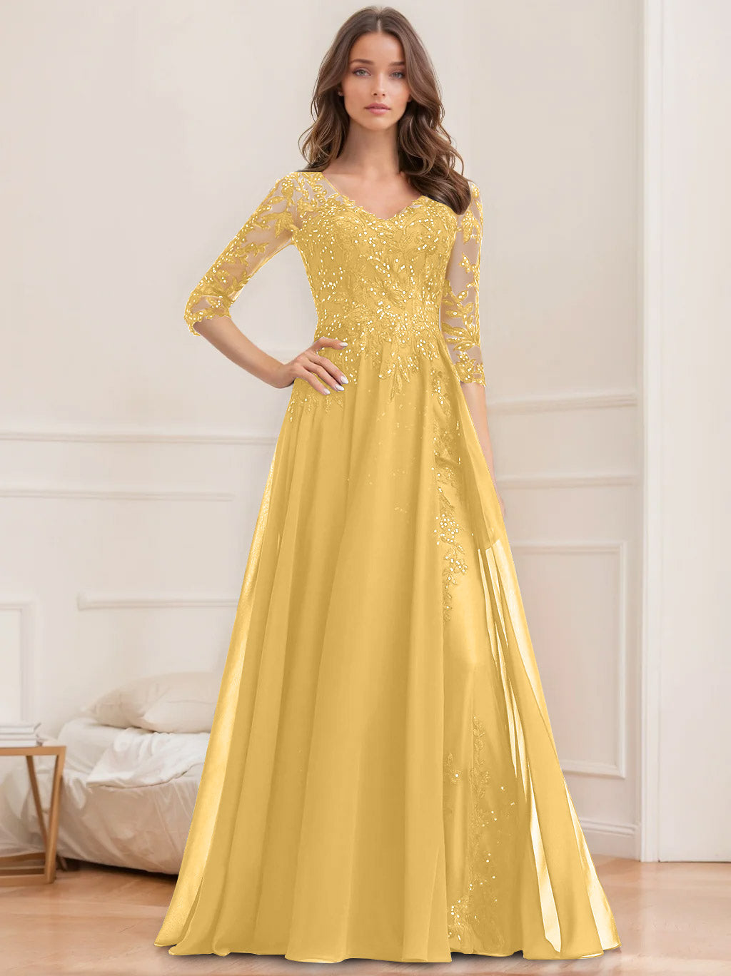 Long V Neck A Line Mother of the Bride Dress with Half Sleeves and Sequins
