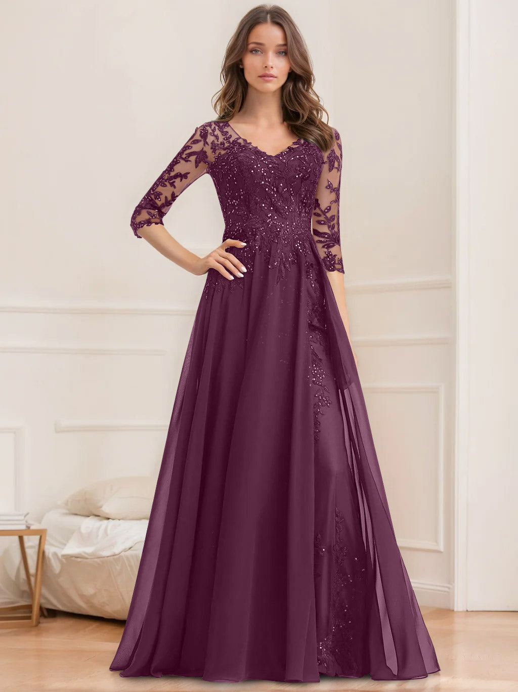 Long V Neck A Line Mother of the Bride Dress with Half Sleeves and Sequins