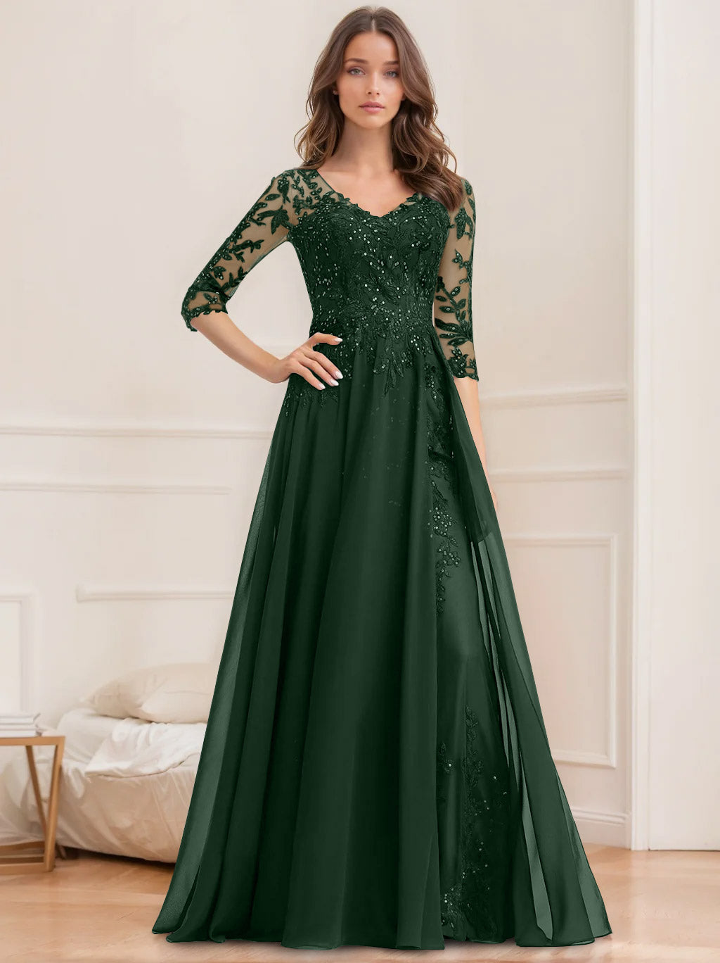 Long V Neck A Line Mother of the Bride Dress with Half Sleeves and Sequins