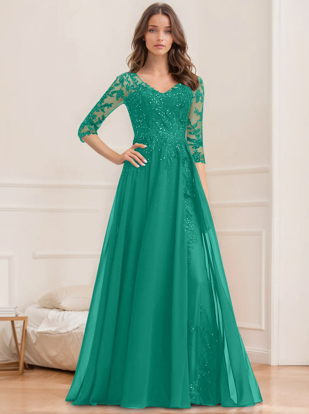 Long V Neck A Line Mother of the Bride Dress with Half Sleeves and Sequins