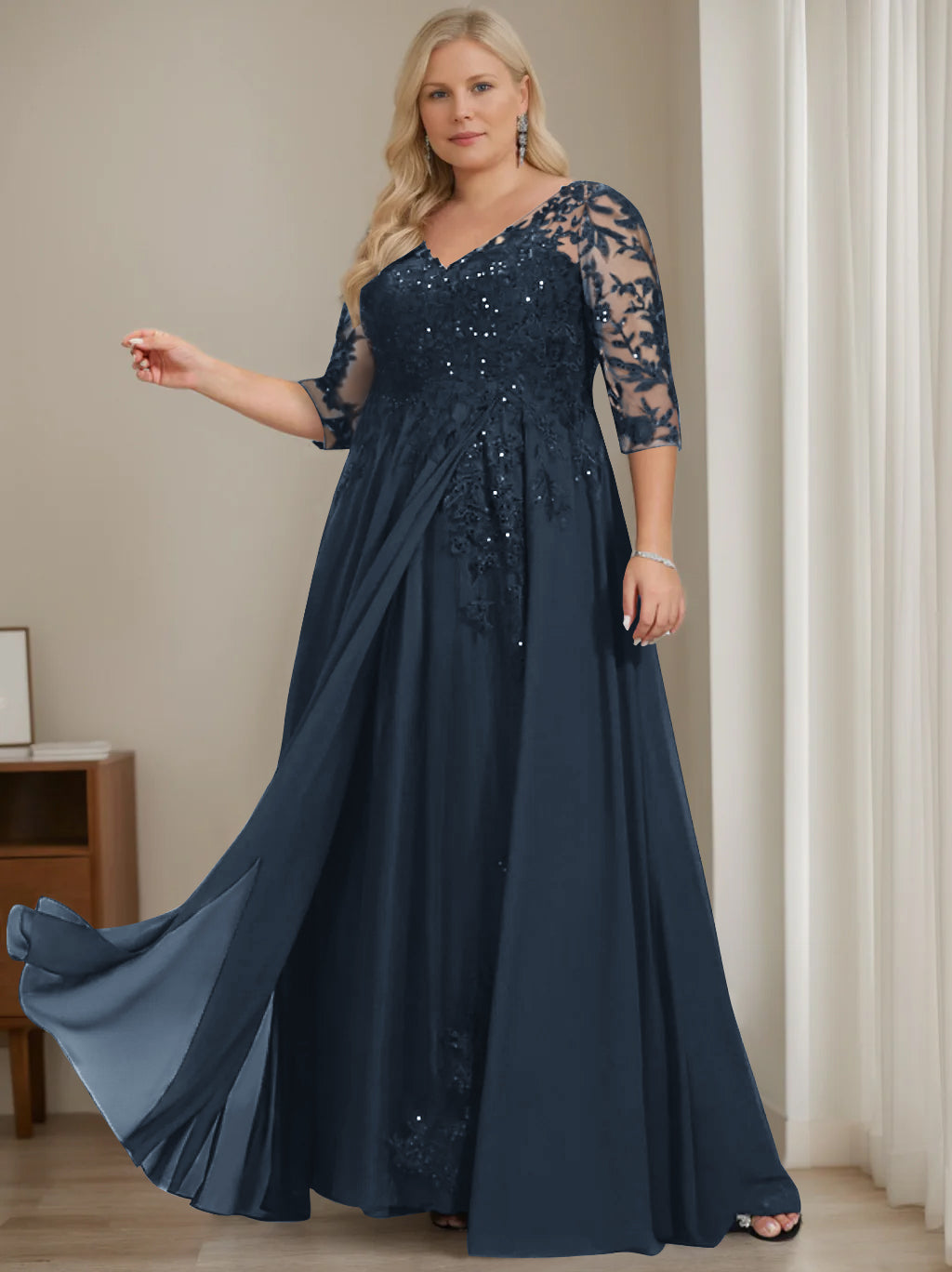 Long V Neck A Line Mother of the Bride Dress with Half Sleeves and Sequins