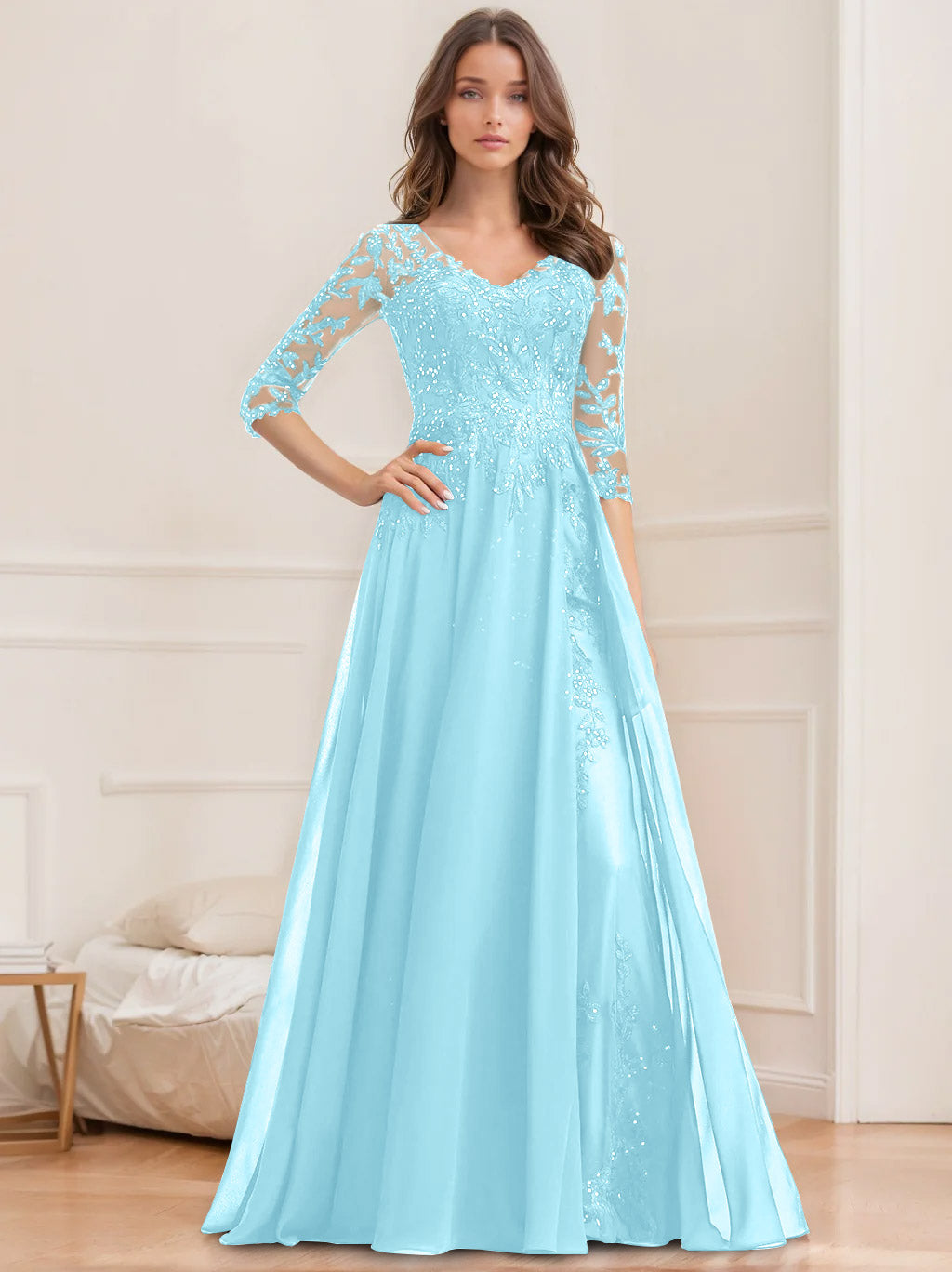 Long V Neck A Line Mother of the Bride Dress with Half Sleeves and Sequins
