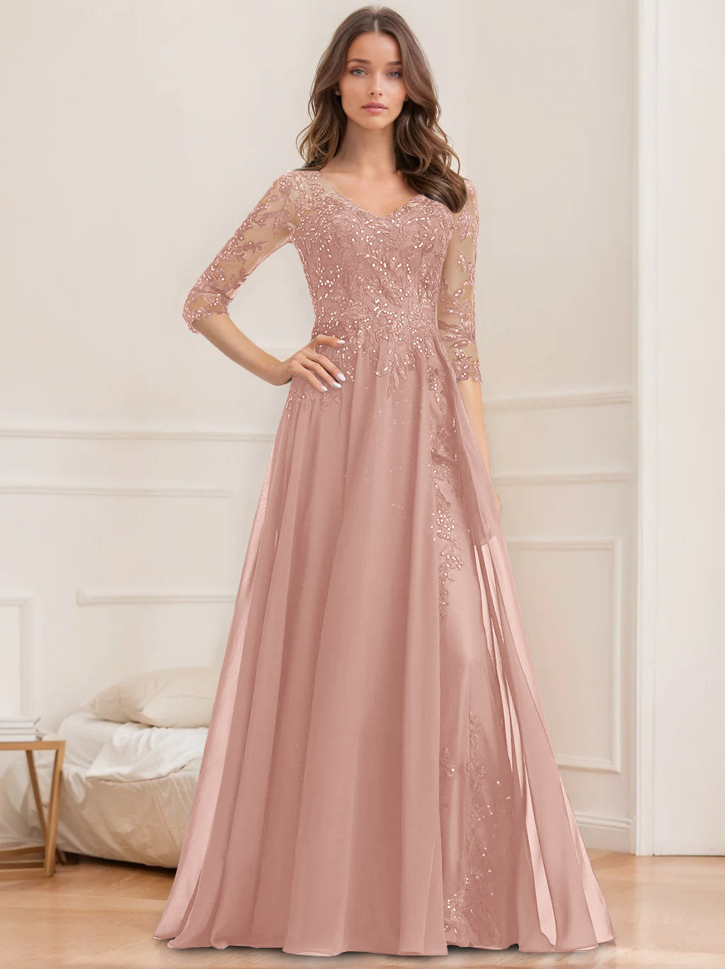 Long V Neck A Line Mother of the Bride Dress with Half Sleeves and Sequins