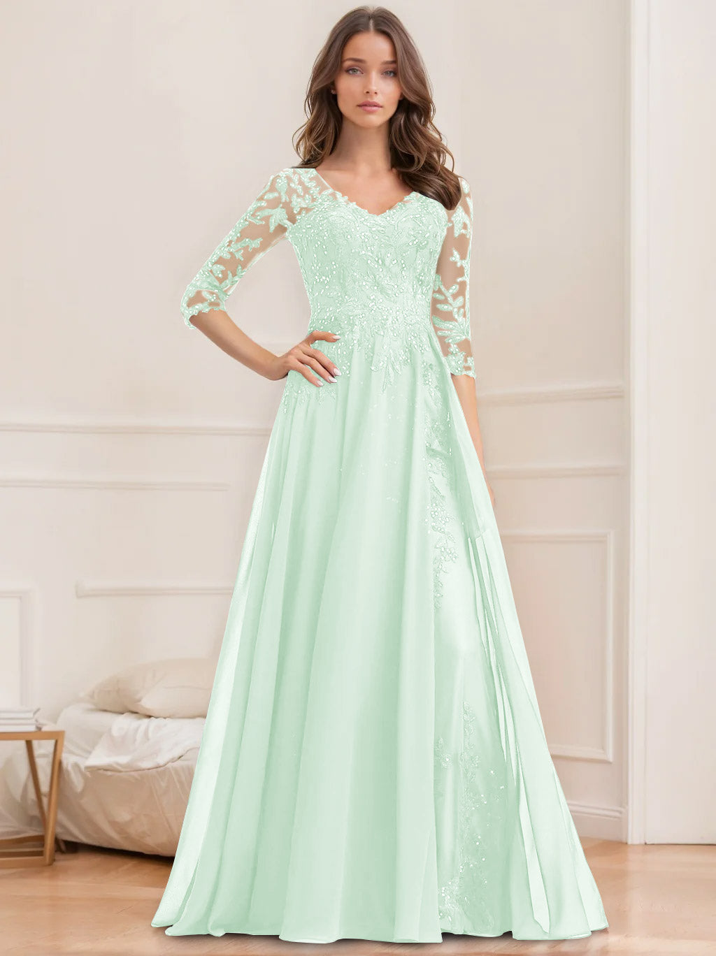 Long V Neck A Line Mother of the Bride Dress with Half Sleeves and Sequins