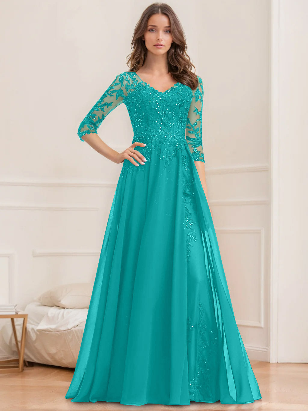 Long V Neck A Line Mother of the Bride Dress with Half Sleeves and Sequins