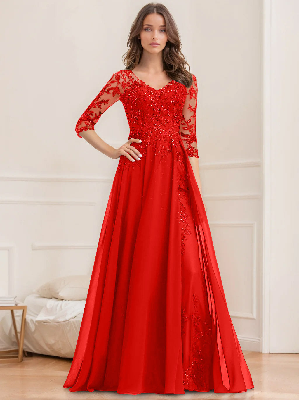 Long V Neck A Line Mother of the Bride Dress with Half Sleeves and Sequins